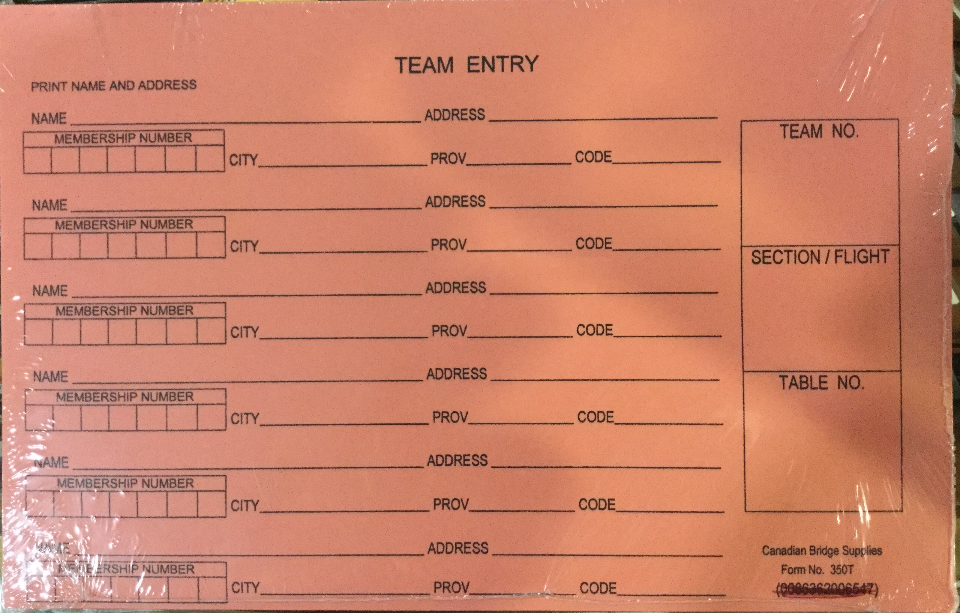 Entry Forms - Tournament - Team - 500 Pink Sheets