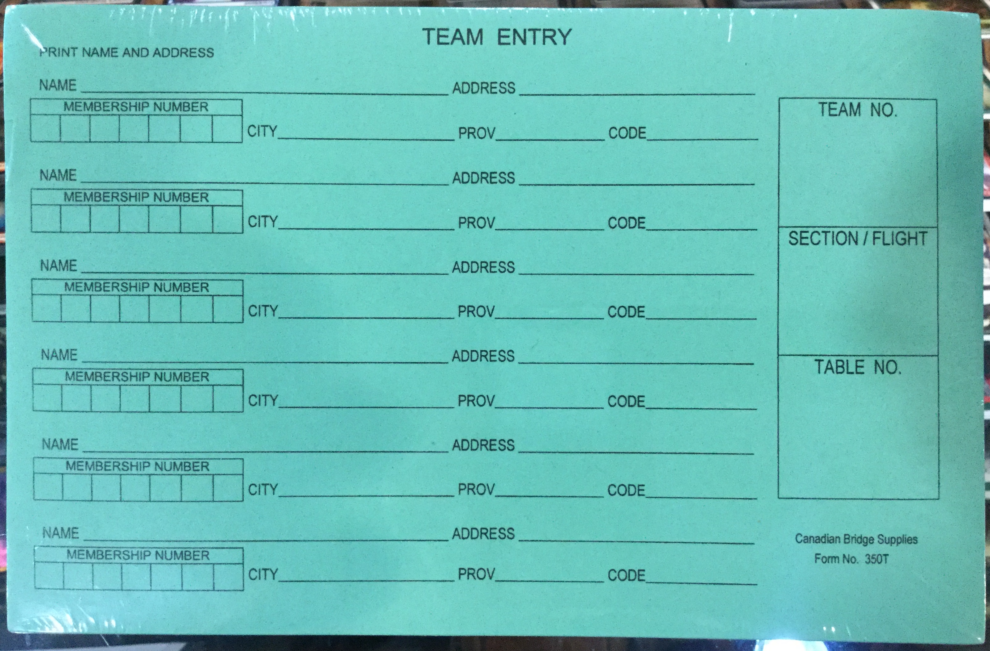 Entry Forms - Tournament - Team - 100 Green Sheets
