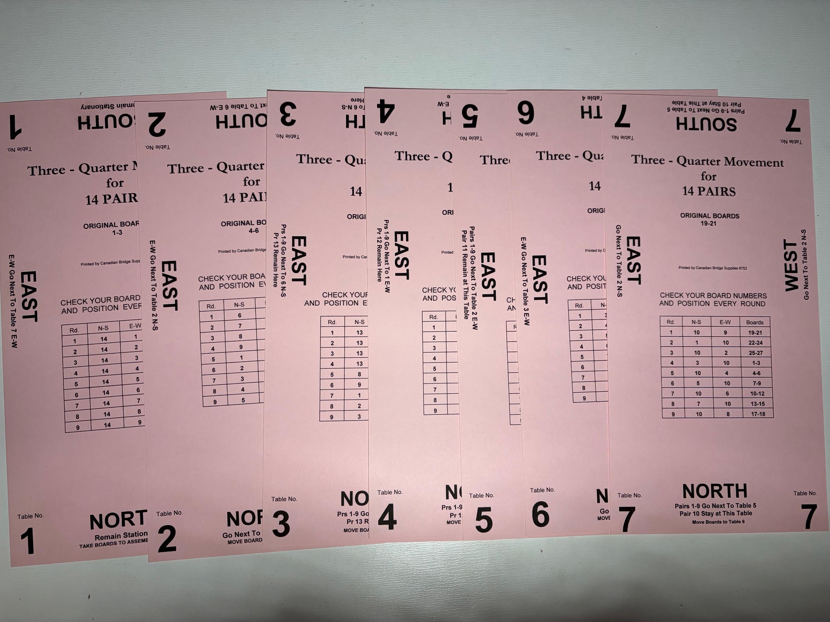 Bridge Howell Movement Cards for 14 Pairs (7 Tables) - 3/4 Pink