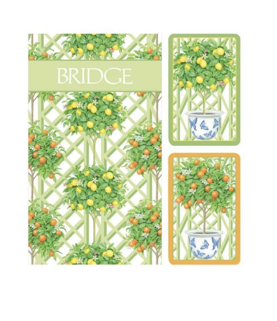 Caspari Bridge Gift Set - Regular Index Citrus Topiaries - 1 Double Deck Bridge Cards + 2 Score Pads