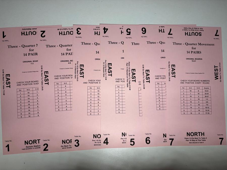 Bridge Howell Movement Cards for 14 Pairs (7 Tables) - 3/4 Pink